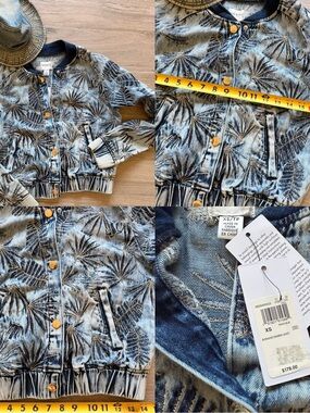 NWT Guess Acid-Wash Palm Print Denim Bomber Jacket sz XS S 2 4